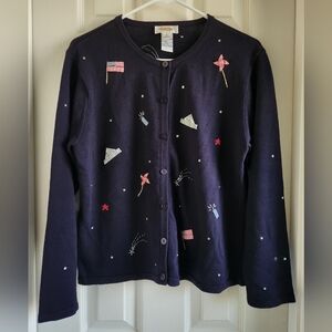 Talbots Cardigan Sweater Fourth of July Patriotic Size L pinwheel fireworks flag